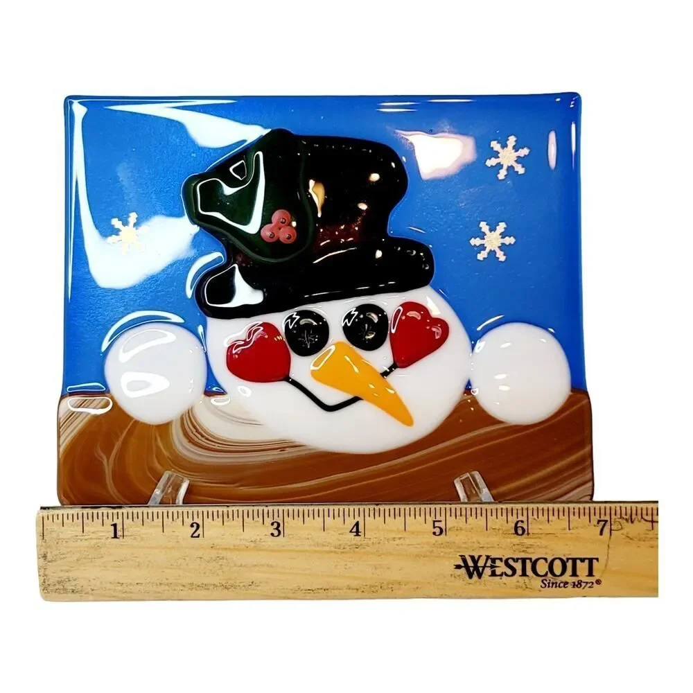 Handpainted Snowman Christmas Fused Art Glass Plate‎ Trivet Signed